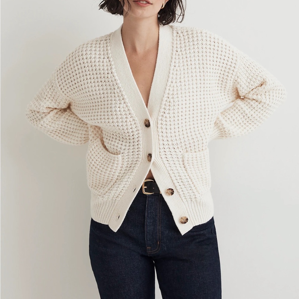 Waffle-Knit V-Neck Cardigan - Picture 2 of 4
